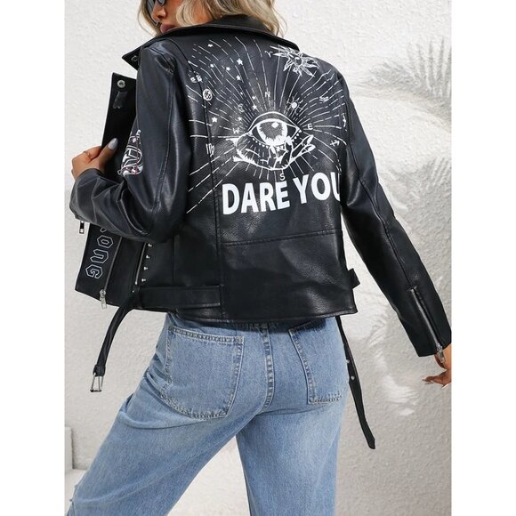 BLUE B Black Vegan Leather Graffiti Punk Moto Jacket w/Studded Accents Size S - Picture 5 of 13